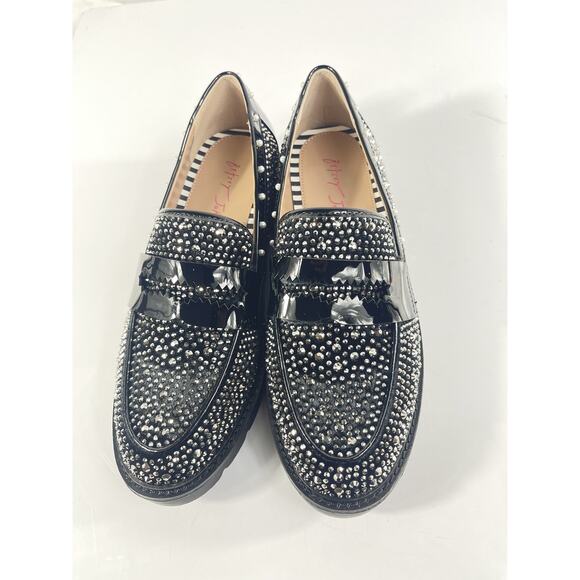 Betsey Johnson Shoes Womens Size 6.5 Black Rhinestone Loafers Studded Pearl Flat - Picture 5 of 11